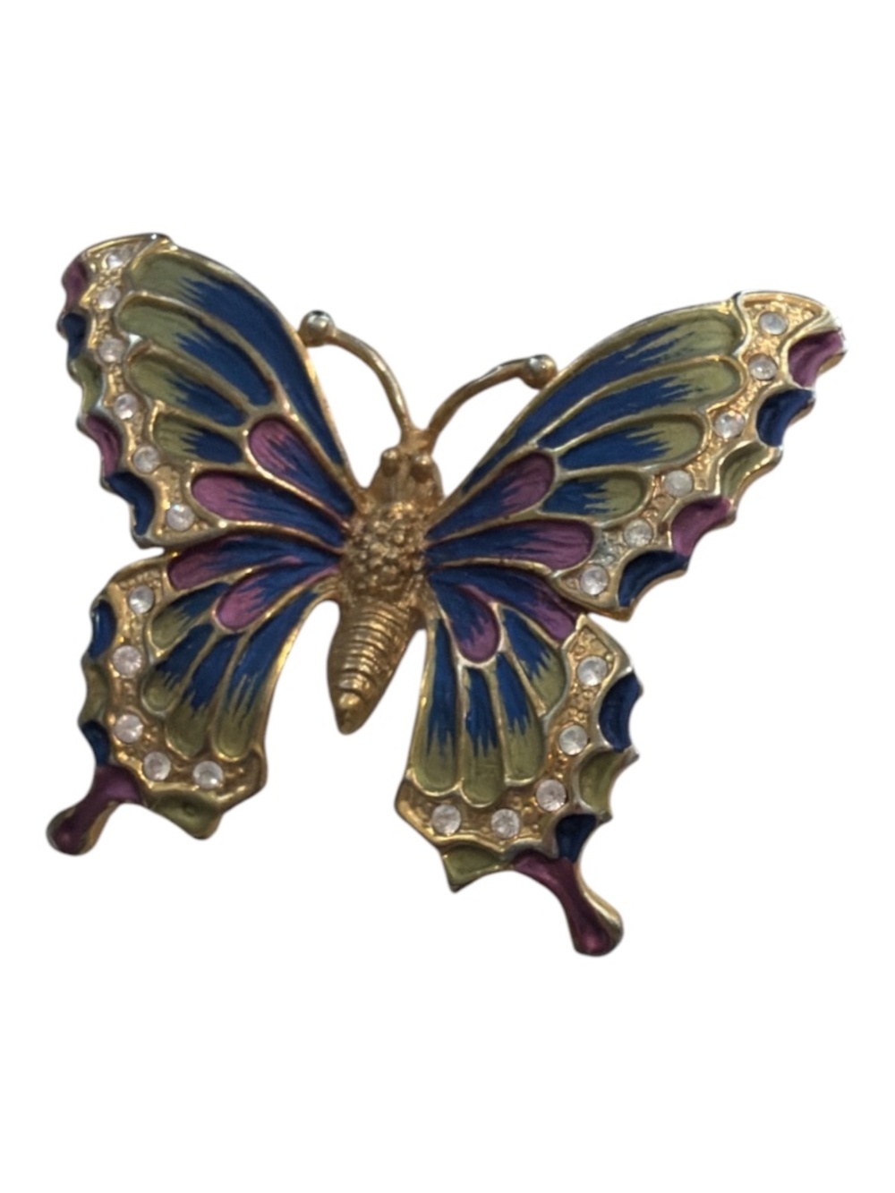 Vintage Multicolor Enamel Butterfly Brooch with Rhinestone Accents